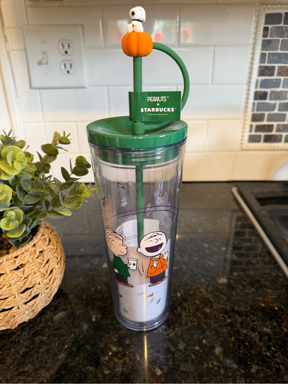 Starbucks x Peanuts Snoopy Pumpkin Cold Cup Tumbler 24oz Straw Topper NEW